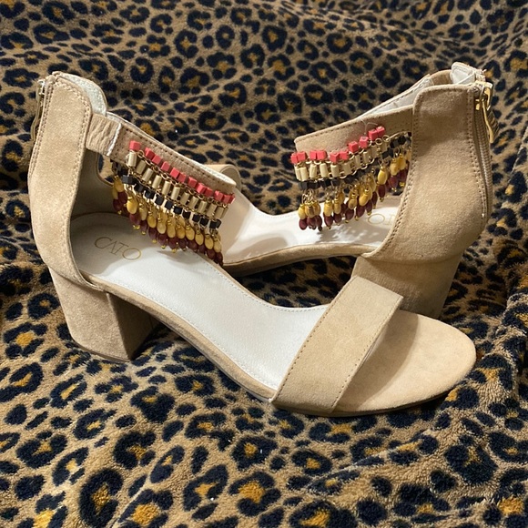Cato Shoes - Cato Tan Block Heel with Beaded Ankle Size 8